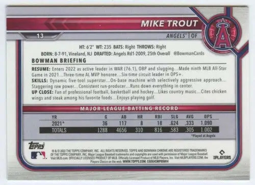 2022 Bowman Chrome Mike Trout baseball card back with original gloss detail