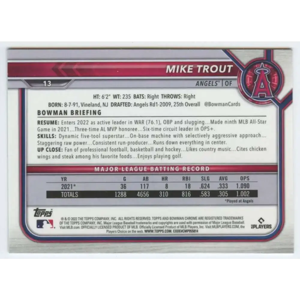 2022 Bowman Chrome #13 Mike Trout NM-MT Los Angeles Angels Baseball Card - Baseball Card Single