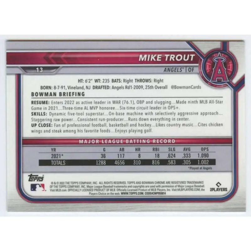 2022 Bowman Chrome #13 Mike Trout NM-MT Los Angeles Angels Baseball Card - Baseball Card Single