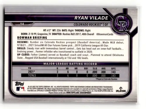 Original gloss 2022 Bowman Chrome Ryan Vilade EX Excellent RC Rookie baseball card