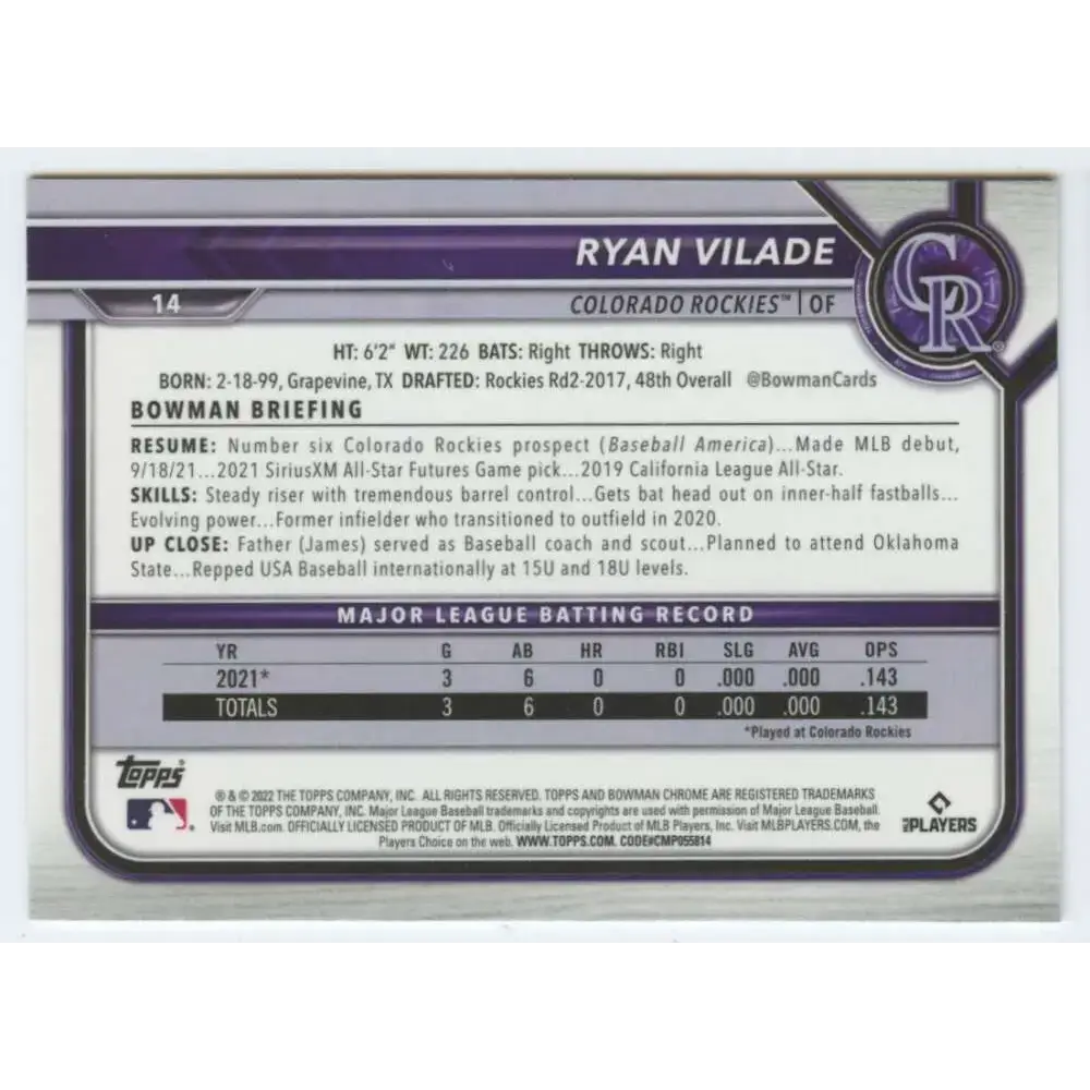 2022 Bowman Chrome #14 Ryan Vilade NM-MT RC Rookie Colorado Rockies Baseball Card - Baseball Card Single