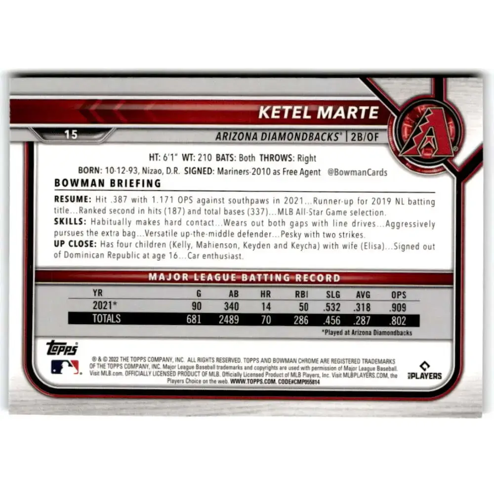 2022 Bowman Chrome #15 Ketel Marte NM-MT Arizona Diamondbacks Baseball Card - Baseball Card Single
