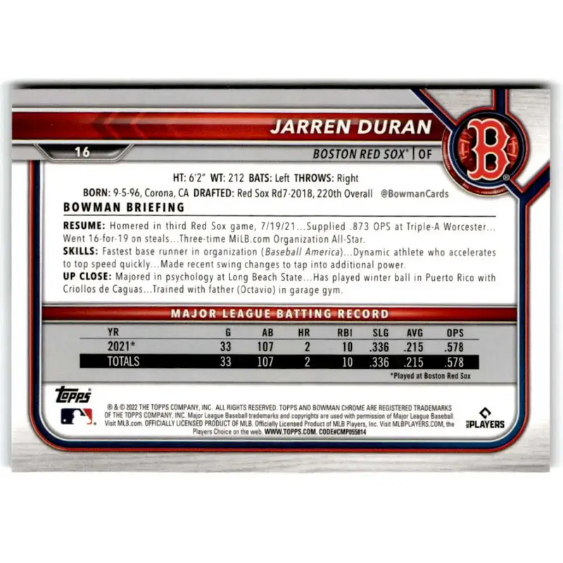 2022 Bowman Chrome #16 Jarren Duran NM-MT RC Rookie Boston Red Sox Baseball Card - Baseball Card Single