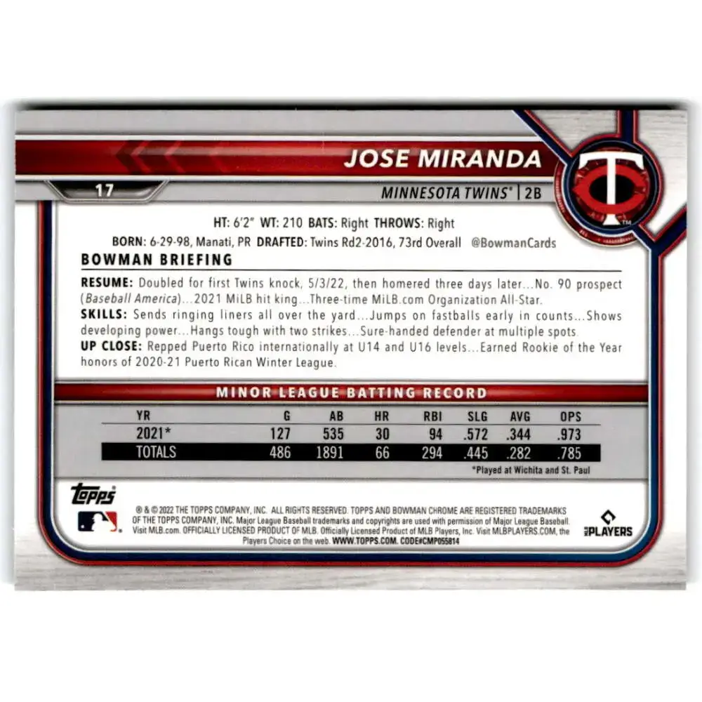 2022 Bowman Chrome #17 Jose Miranda NM-MT RC Rookie Minnesota Twins Baseball Card - Baseball Card Single