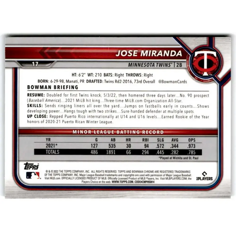 2022 Bowman Chrome #17 Jose Miranda NM-MT RC Rookie Minnesota Twins Baseball Card - Baseball Card Single