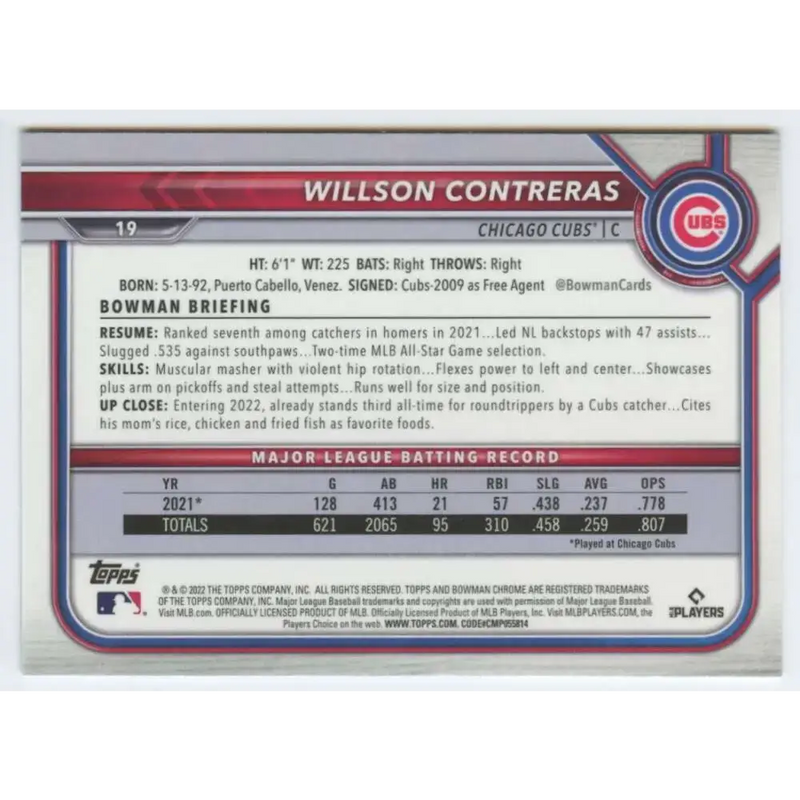 2022 Bowman Chrome #19 Willson Contreras NM-MT Chicago Cubs Baseball Card - Baseball Card Single