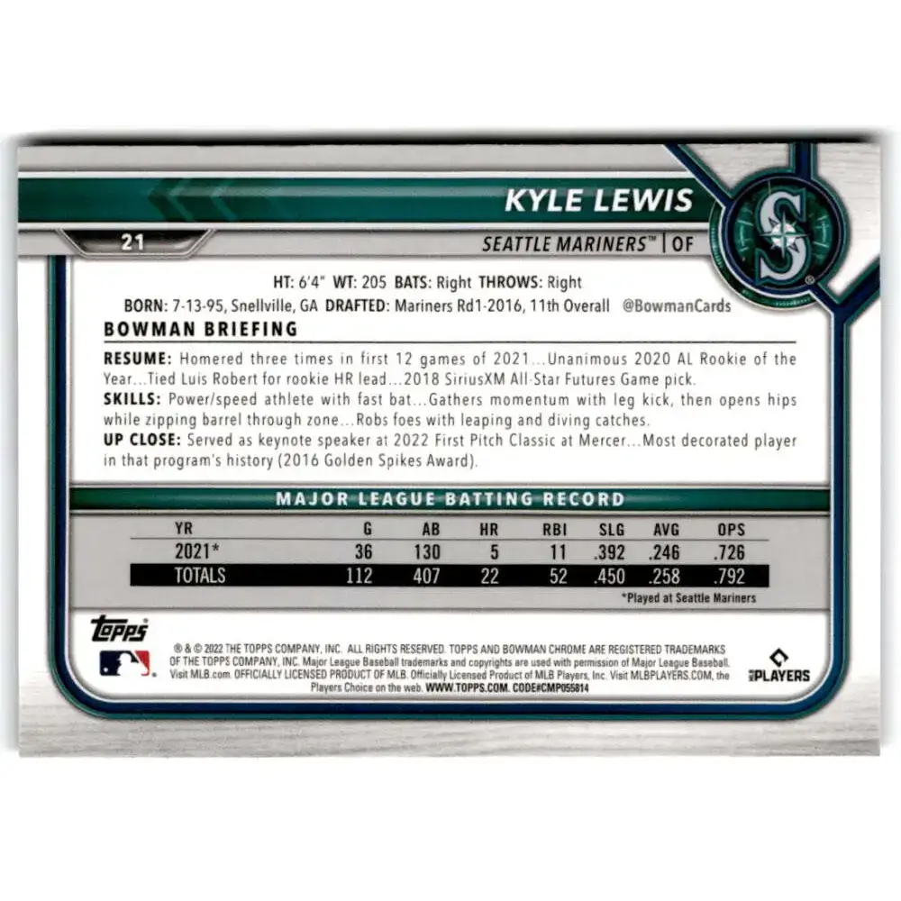 2022 Bowman Chrome #21 Kyle Lewis NM-MT Seattle Mariners Baseball Card - Baseball Card Single