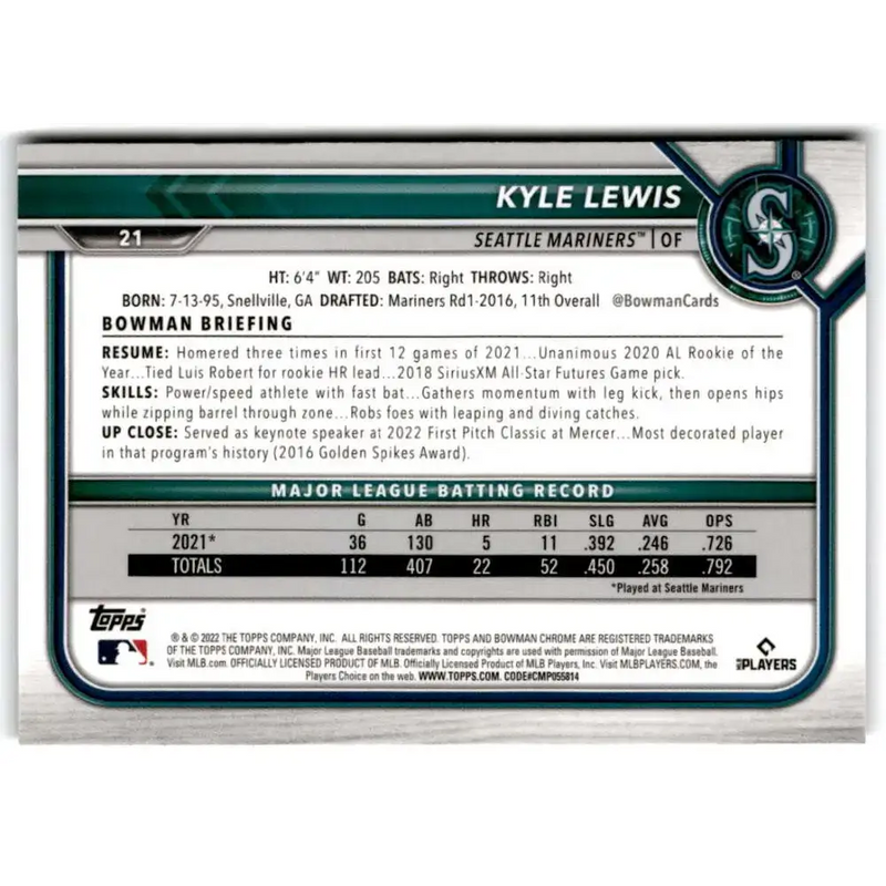 2022 Bowman Chrome #21 Kyle Lewis NM-MT Seattle Mariners Baseball Card - Baseball Card Single