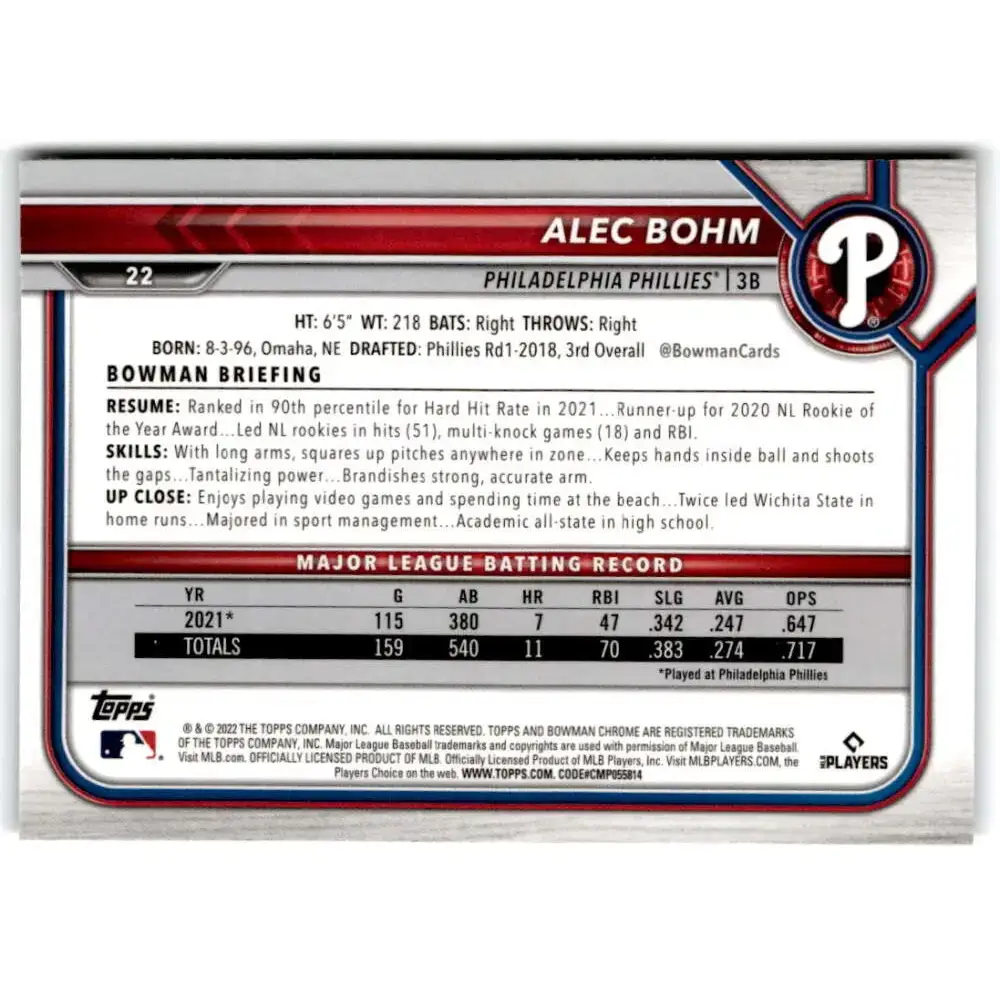 2022 Bowman Chrome #22 Alec Bohm NM-MT Philadelphia Phillies Baseball Card - Baseball Card Single