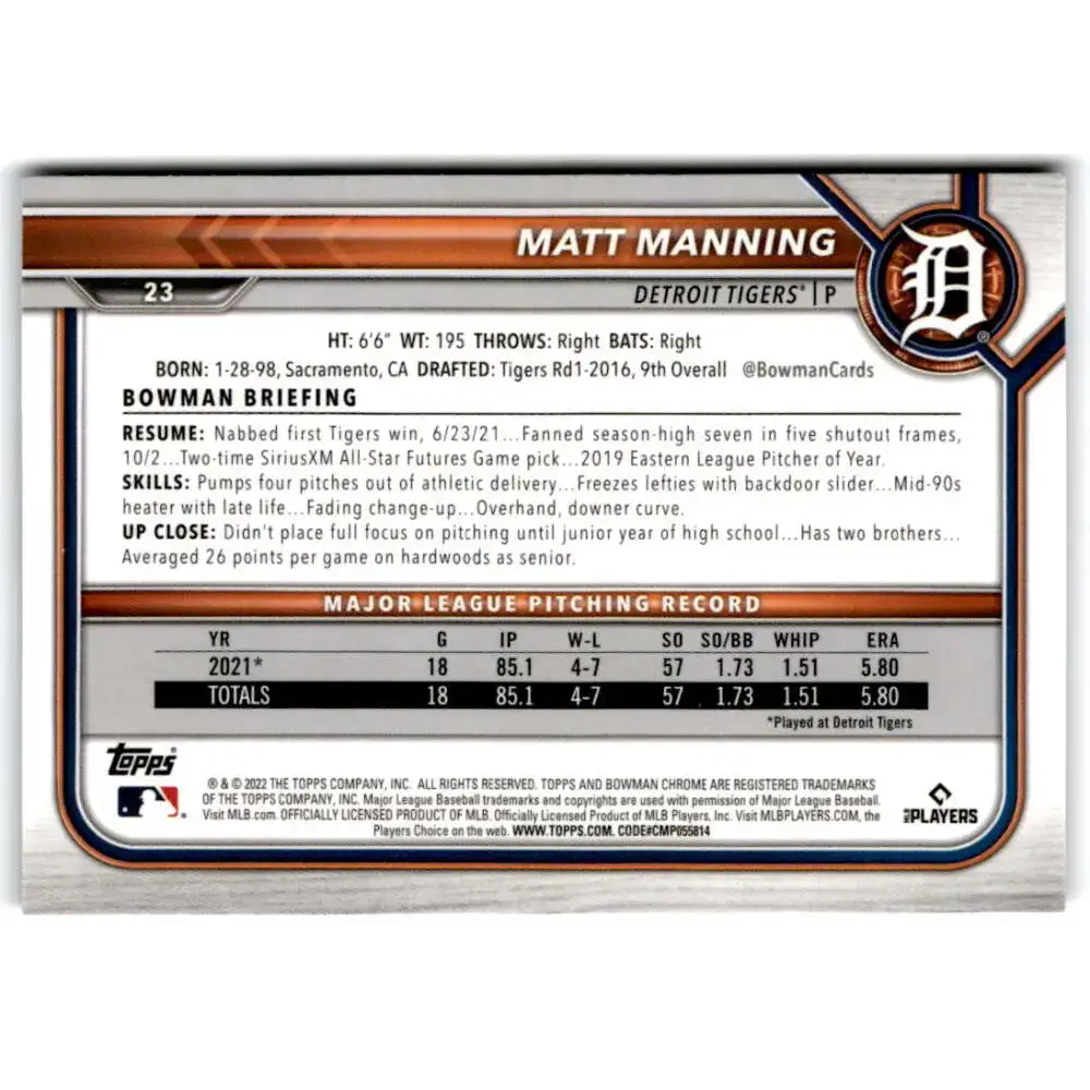 2022 Bowman Chrome #23 Matt Manning NM-MT RC Rookie Detroit Tigers Baseball Card - Baseball Card Single