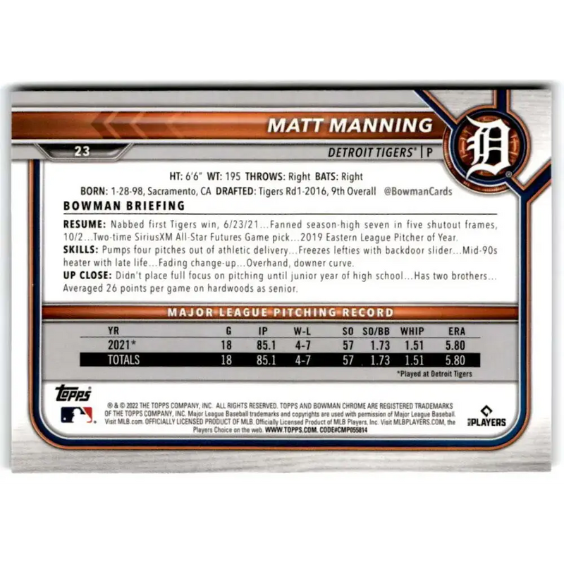 2022 Bowman Chrome #23 Matt Manning NM-MT RC Rookie Detroit Tigers Baseball Card - Baseball Card Single