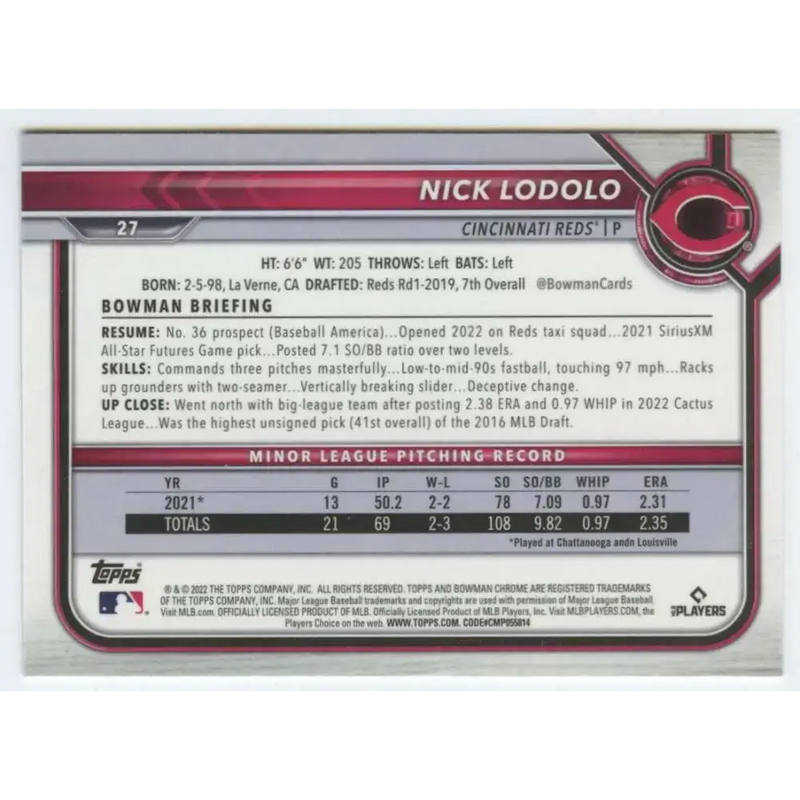 2022 Bowman Chrome #27 Nick Lodolo NM-MT RC Rookie Cincinnati Reds Baseball Card - Baseball Card Single