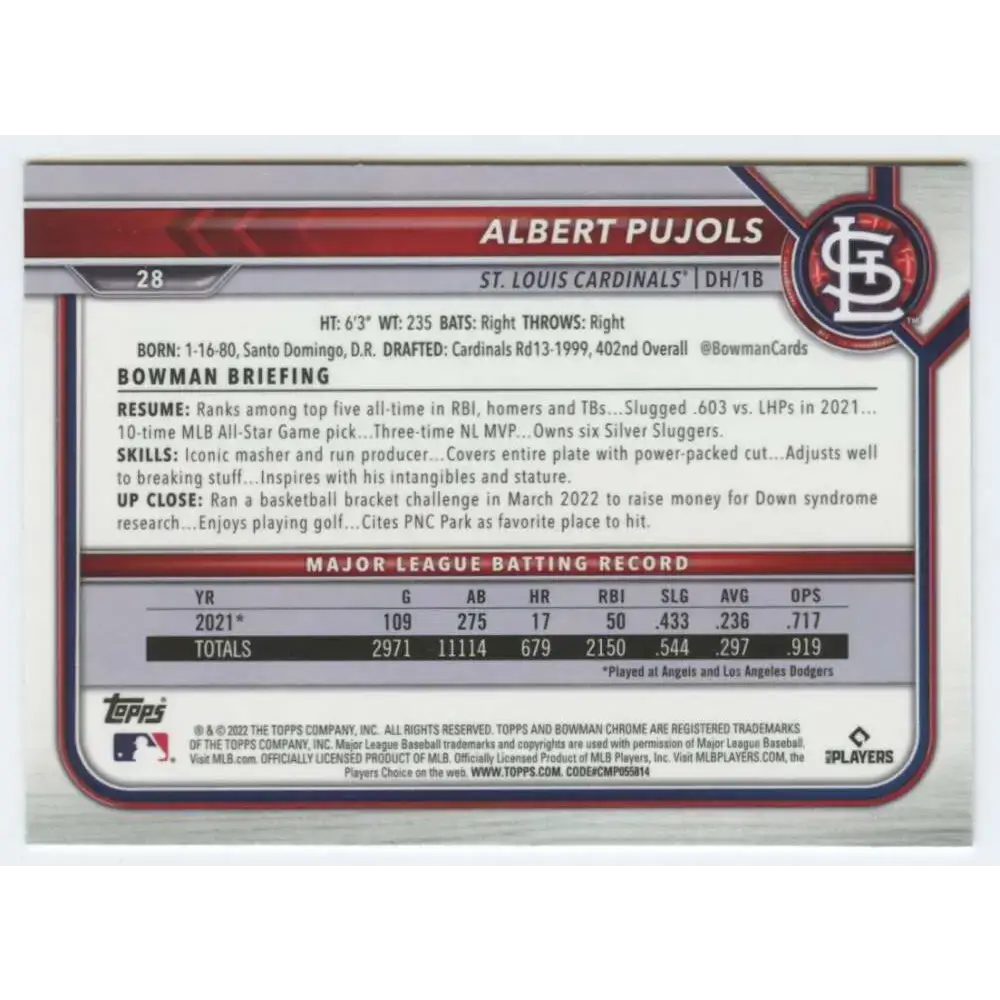 2022 Bowman Chrome #28 Albert Pujols NM-MT St. Louis Cardinals Baseball Card - Baseball Card Single