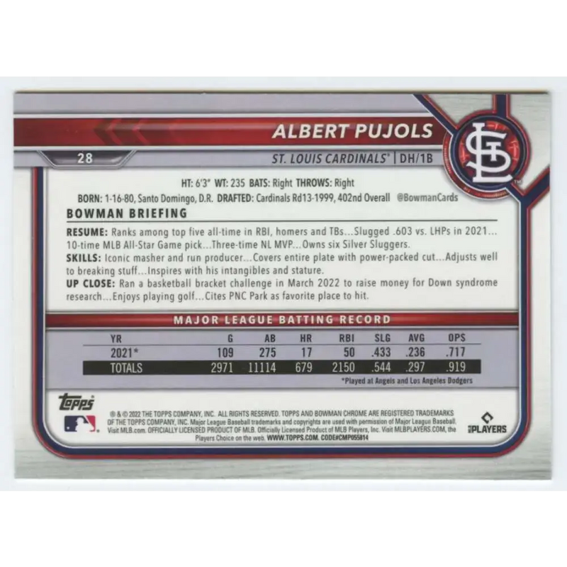 2022 Bowman Chrome #28 Albert Pujols NM-MT St. Louis Cardinals Baseball Card - Baseball Card Single