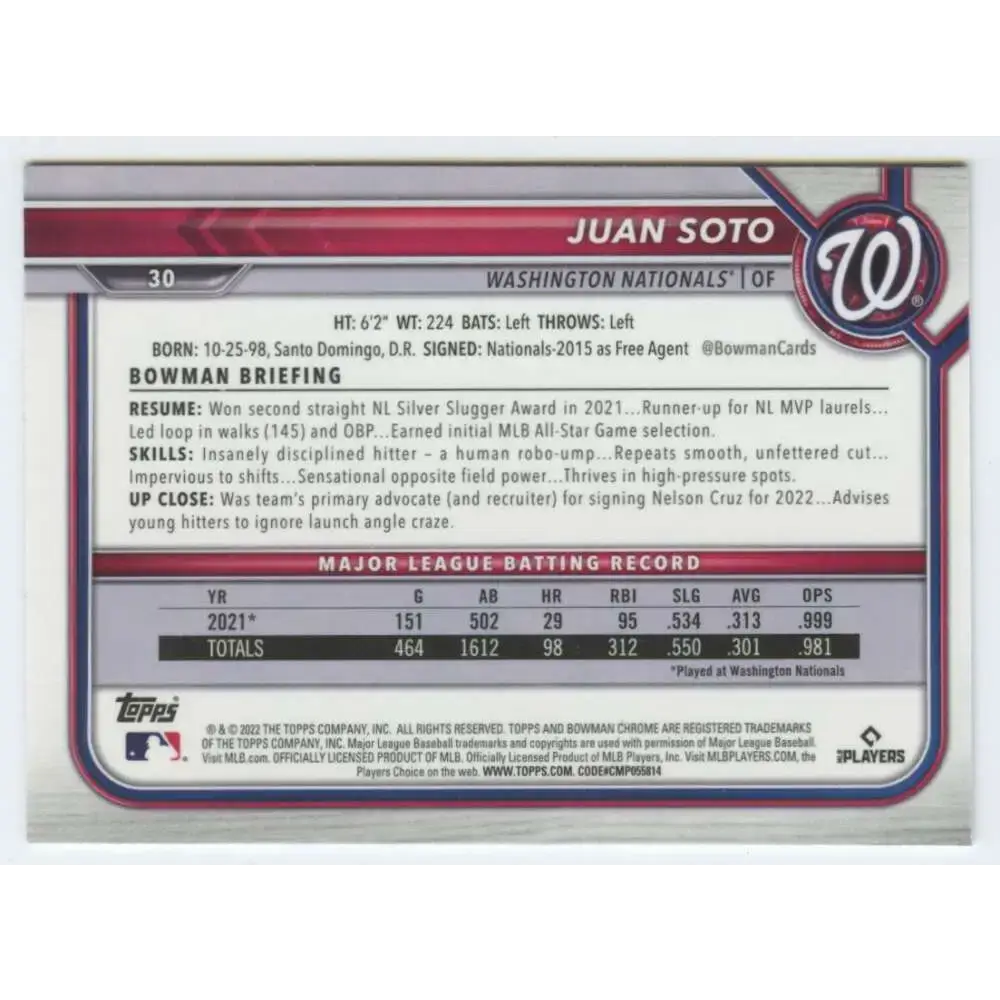 2022 Bowman Chrome #30 Juan Soto NM-MT Washington Nationals Baseball Card - Baseball Card Single