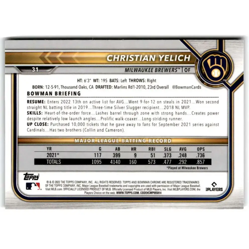 2022 Bowman Chrome #31 Christian Yelich NM-MT Milwaukee Brewers Baseball Card - Baseball Card Single