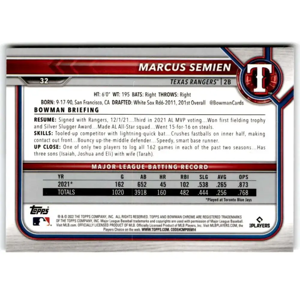 2022 Bowman Chrome #32 Marcus Semien NM-MT Texas Rangers Baseball Card - Baseball Card Single