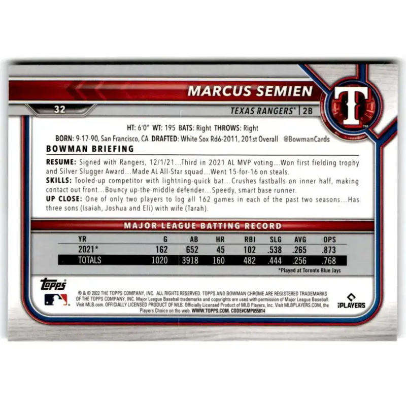 2022 Bowman Chrome #32 Marcus Semien NM-MT Texas Rangers Baseball Card - Baseball Card Single