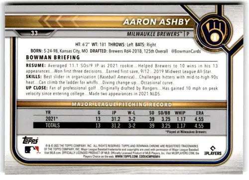 2022 Bowman Chrome #33 Aaron Ashby NM-MT RC Rookie Brewers ID:47121 - Baseball Card Single