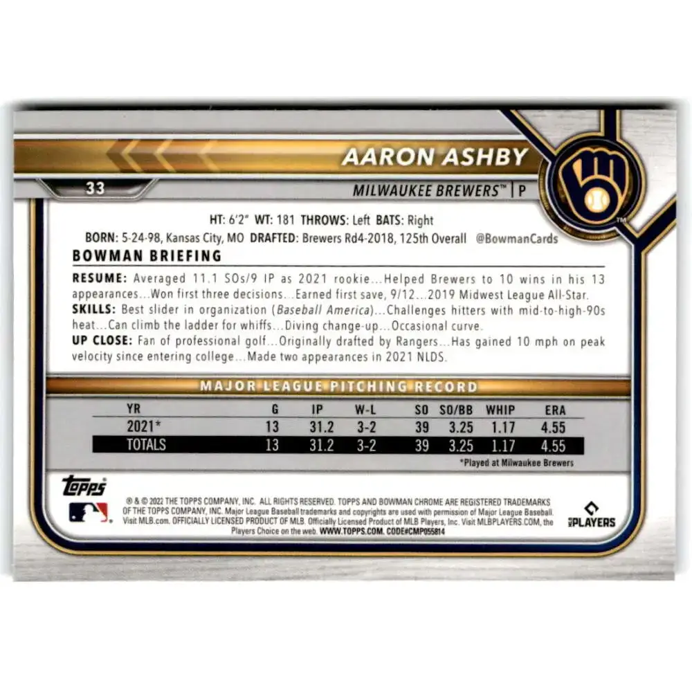 2022 Bowman Chrome #33 Aaron Ashby NM-MT RC Rookie Milwaukee Brewers Baseball Card - Baseball Card Single