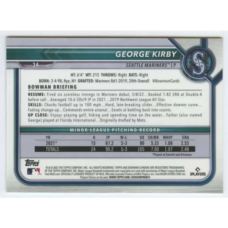 2022 Bowman Chrome #34 George Kirby NM-MT RC Rookie Seattle Mariners Baseball Card - Baseball Card Single