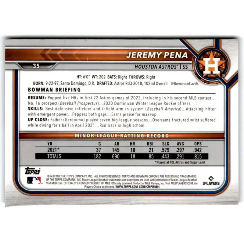 2022 Bowman Chrome #35 Jeremy Pena NM-MT RC Rookie Houston Astros Baseball Card - Baseball Card Single