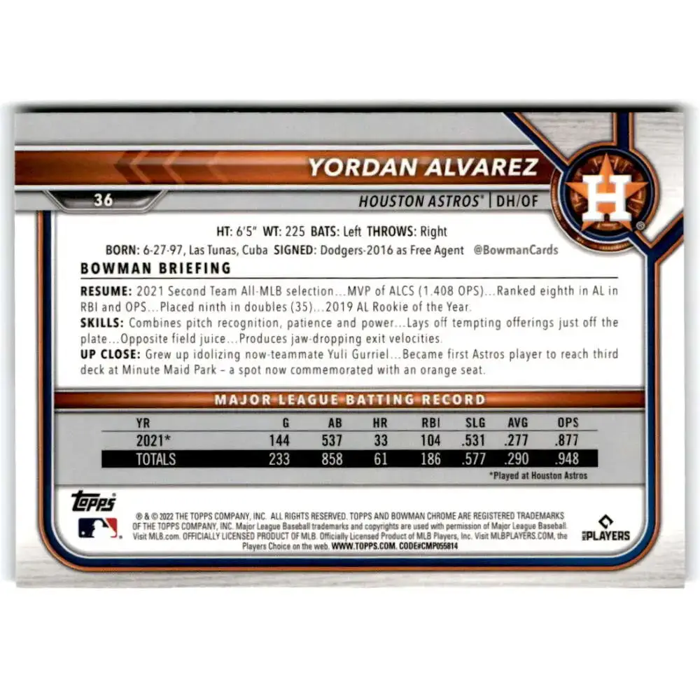 2022 Bowman Chrome #36 Yordan Alvarez NM-MT Houston Astros Baseball Card - Baseball Card Single