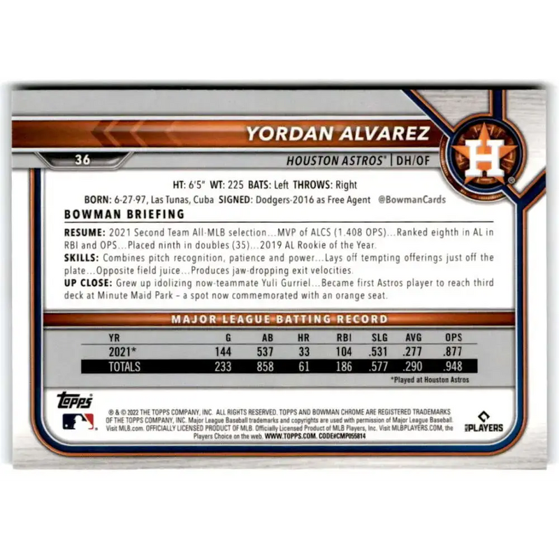 2022 Bowman Chrome #36 Yordan Alvarez NM-MT Houston Astros Baseball Card - Baseball Card Single