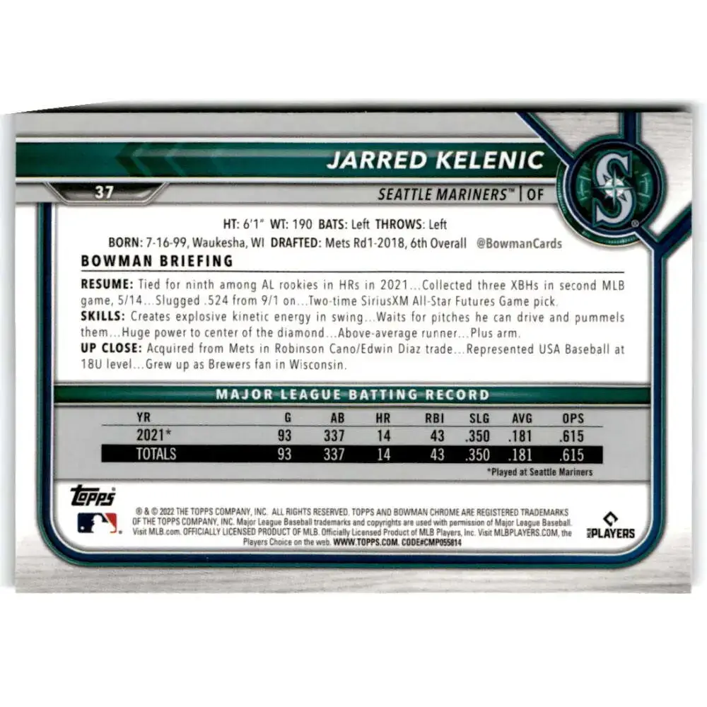 2022 Bowman Chrome #37 Jarred Kelenic NM-MT Seattle Mariners Baseball Card - Baseball Card Single