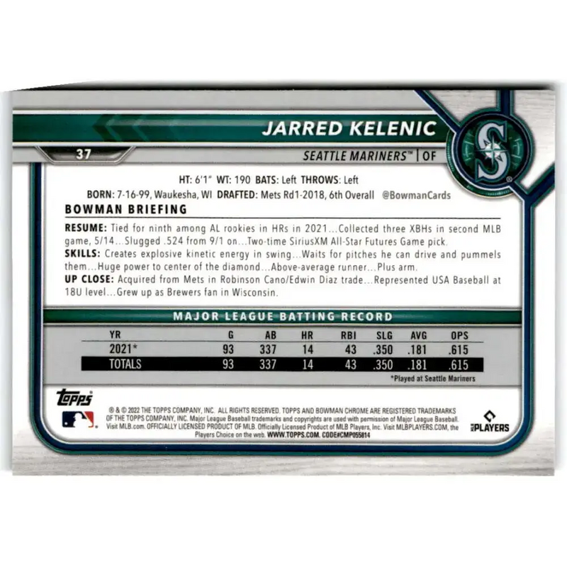 2022 Bowman Chrome #37 Jarred Kelenic NM-MT Seattle Mariners Baseball Card - Baseball Card Single