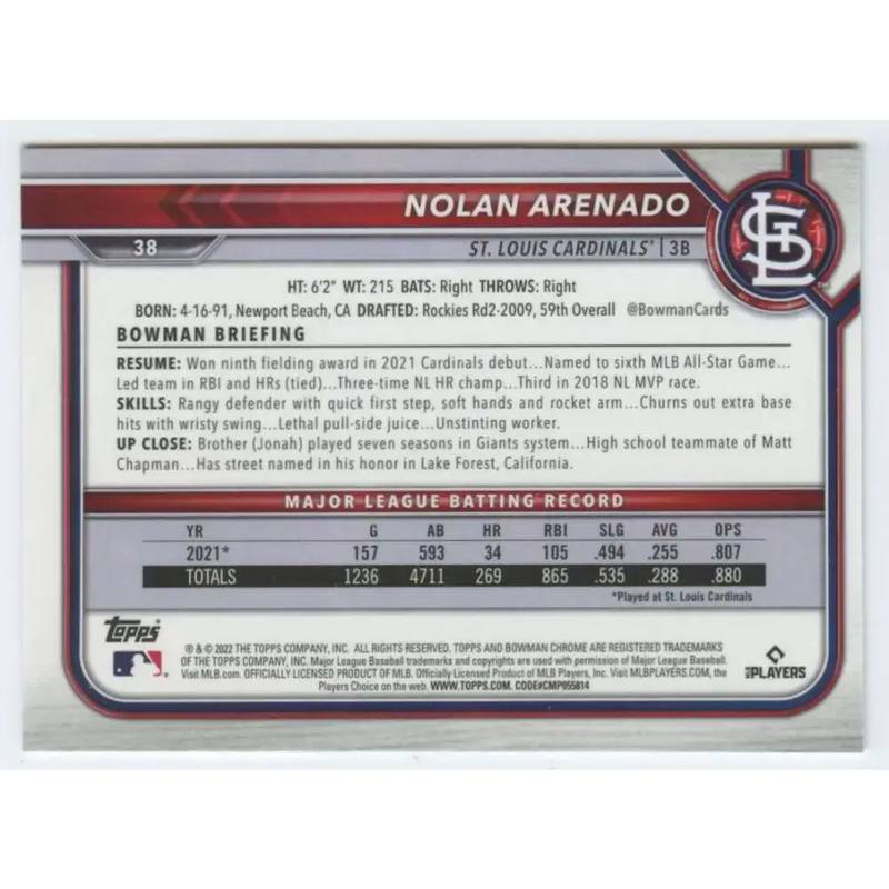 2022 Bowman Chrome #38 Nolan Arenado NM-MT St. Louis Cardinals Baseball Card - Baseball Card Single
