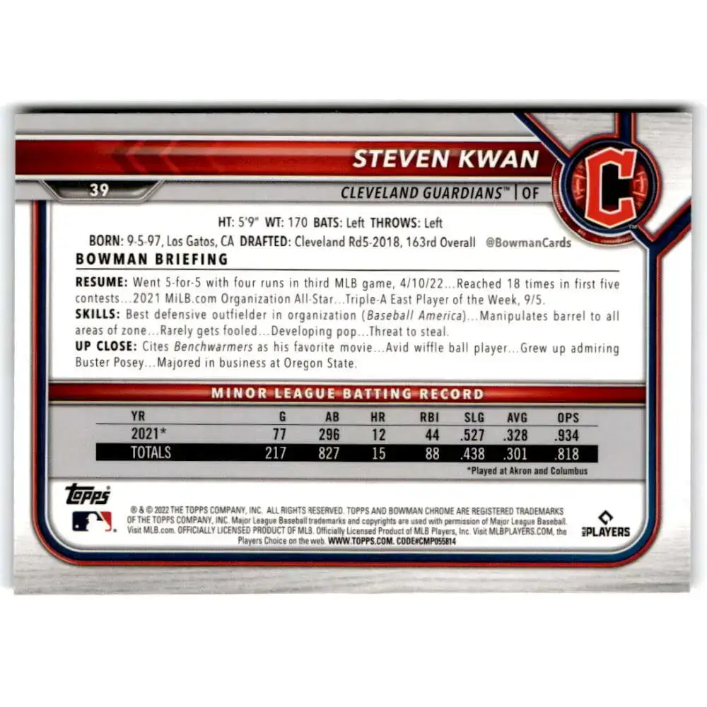 2022 Bowman Chrome #39 Steven Kwan NM-MT RC Rookie Cleveland Guardians Baseball Card - Baseball Card Single