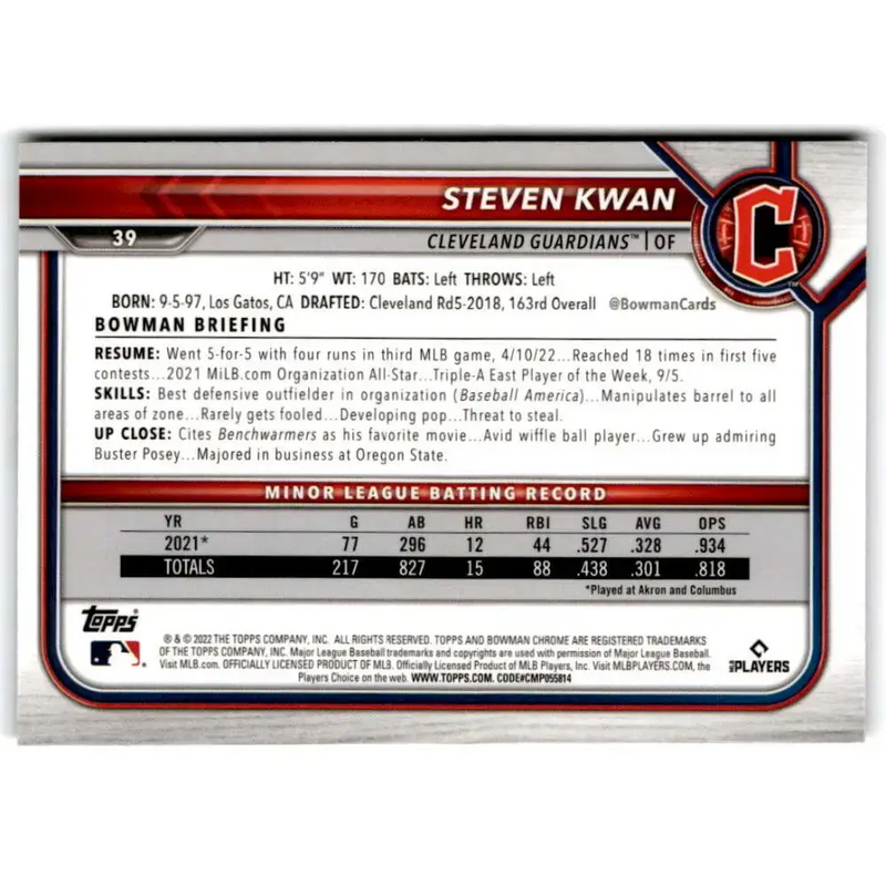 2022 Bowman Chrome #39 Steven Kwan NM-MT RC Rookie Cleveland Guardians Baseball Card - Baseball Card Single