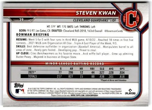 2022 Bowman Chrome #39 Steven Kwan NM-MT RC Rookie Guardians ID:78640 - Baseball Card Single