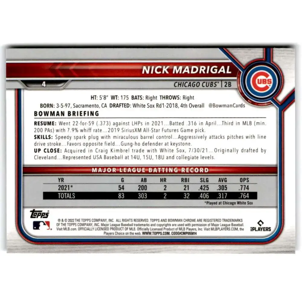 2022 Bowman Chrome #4 Nick Madrigal NM-MT Chicago Cubs Baseball Card - Baseball Card Single