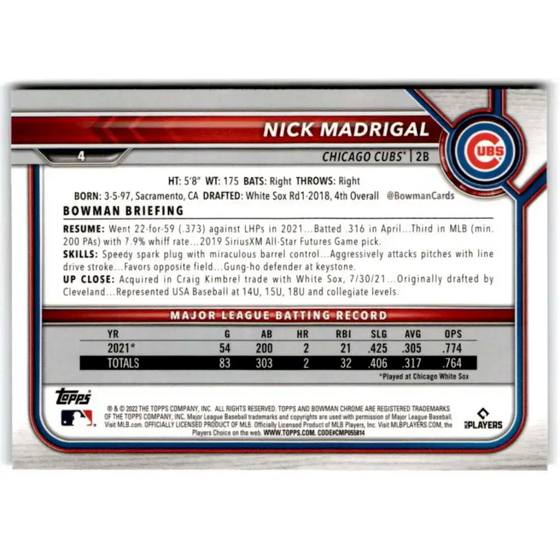 2022 Bowman Chrome #4 Nick Madrigal NM-MT Chicago Cubs Baseball Card - Baseball Card Single
