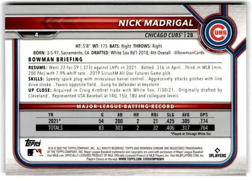 Baseball card back with original gloss from 2022 Bowman Chrome featuring Nick Madrigal