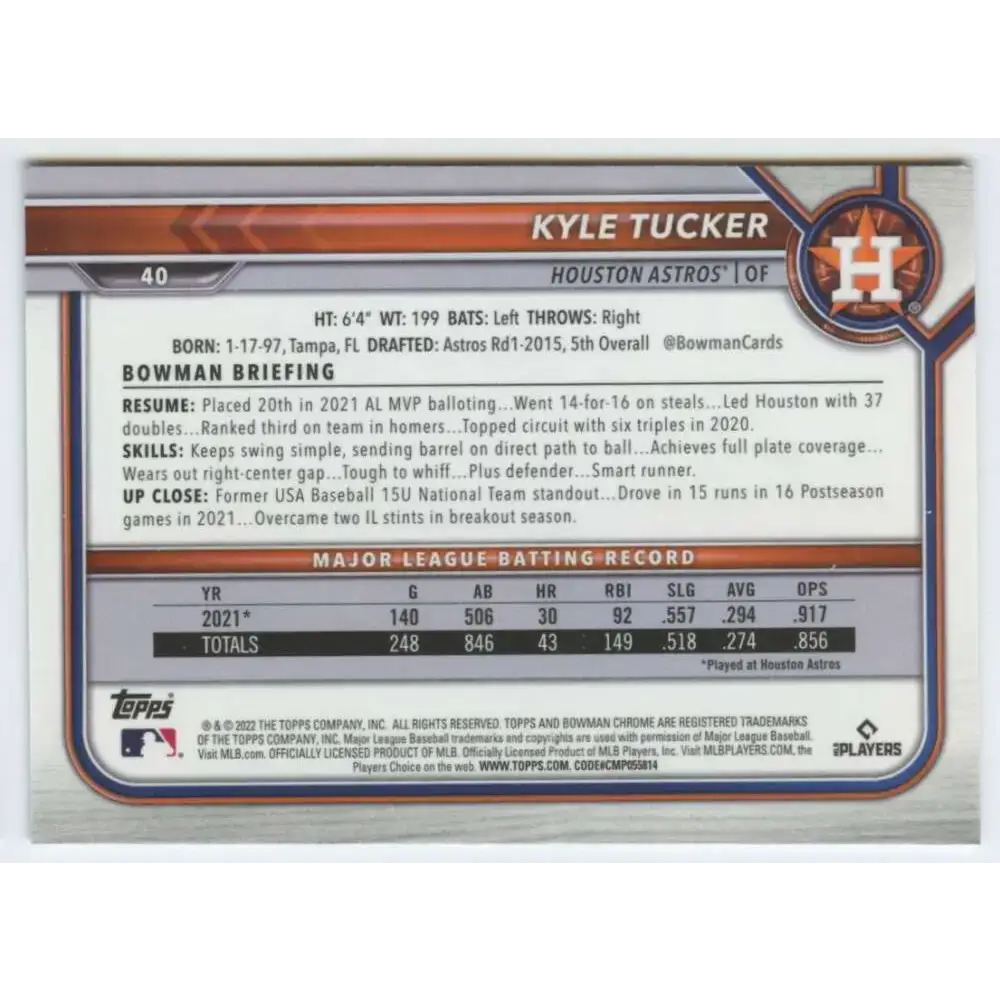 2022 Bowman Chrome #40 Kyle Tucker NM-MT Houston Astros Baseball Card - Baseball Card Single