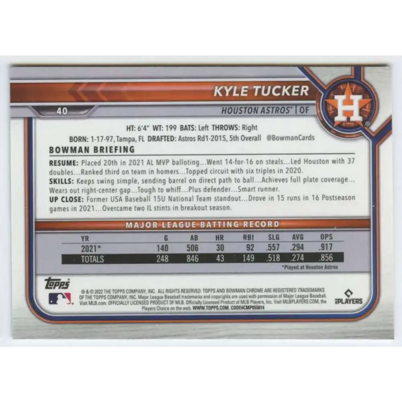 2022 Bowman Chrome #40 Kyle Tucker NM-MT Houston Astros Baseball Card - Baseball Card Single