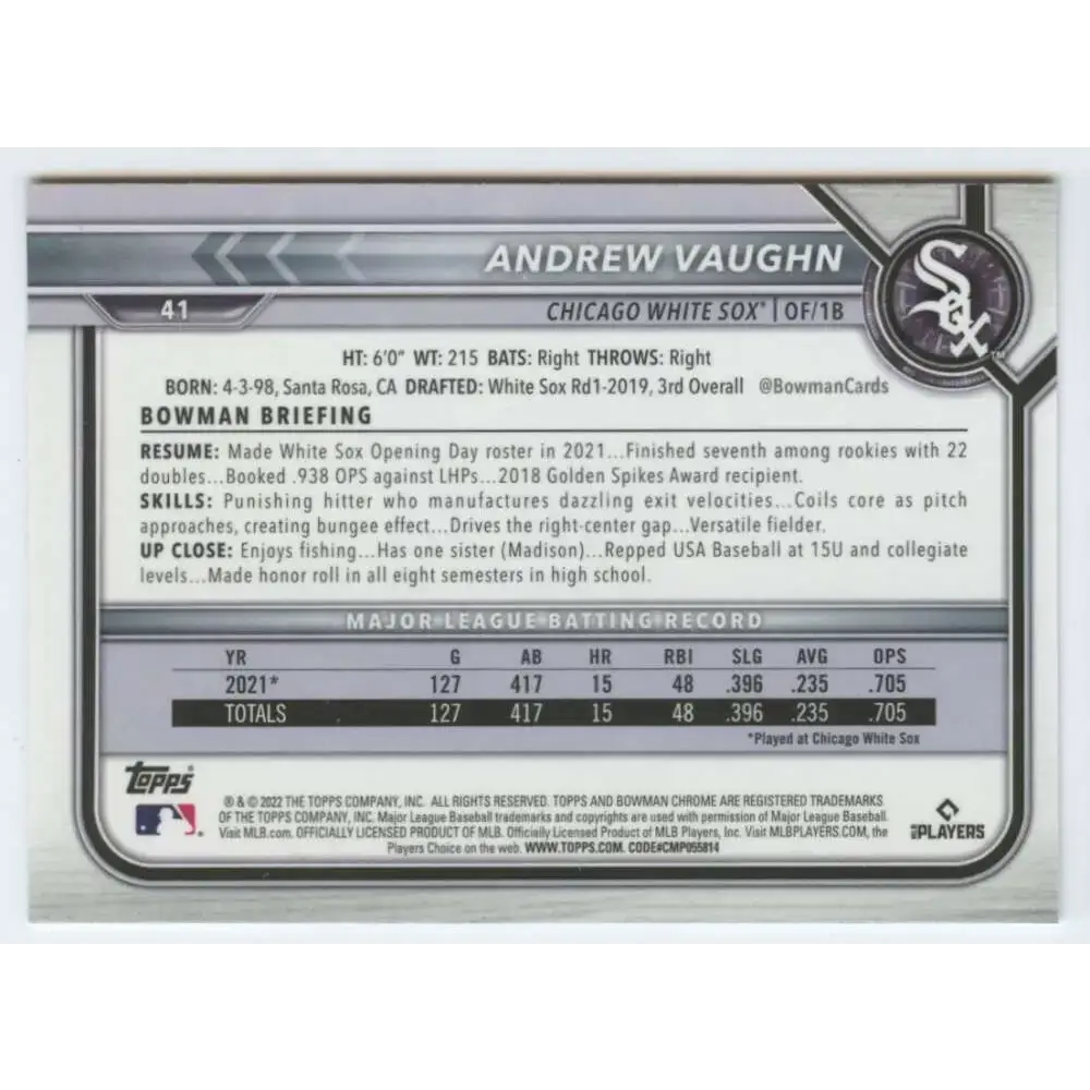 2022 Bowman Chrome #41 Andrew Vaughn NM-MT Chicago White Sox Baseball Card - Baseball Card Single