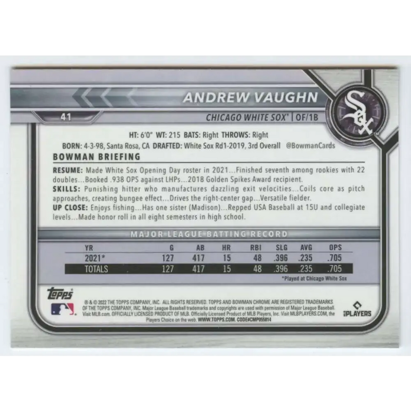 2022 Bowman Chrome #41 Andrew Vaughn NM-MT Chicago White Sox Baseball Card - Baseball Card Single