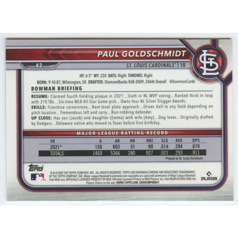2022 Bowman Chrome #42 Paul Goldschmidt NM-MT St. Louis Cardinals Baseball Card - Baseball Card Single