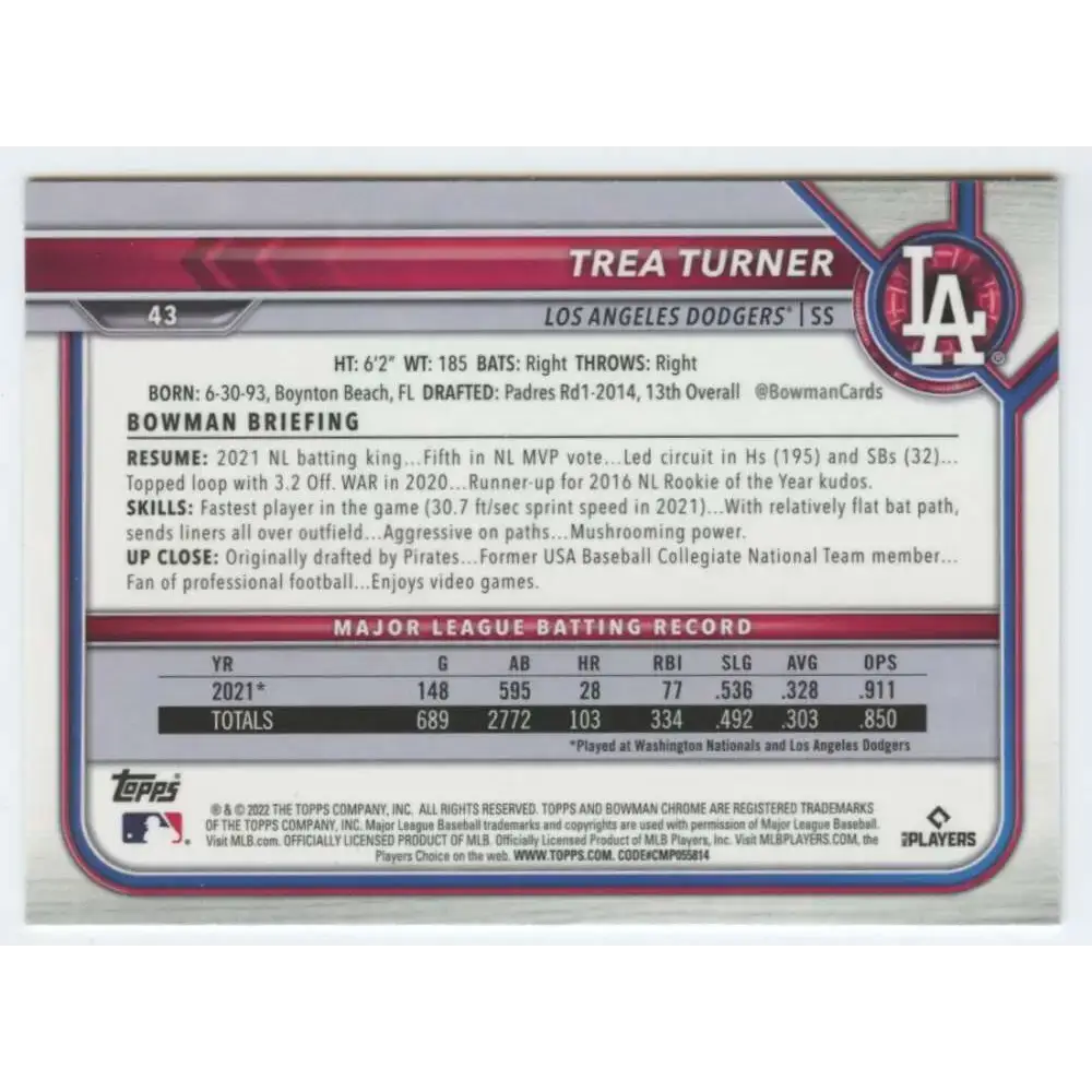 2022 Bowman Chrome #43 Trea Turner NM-MT Los Angeles Dodgers Baseball Card - Baseball Card Single