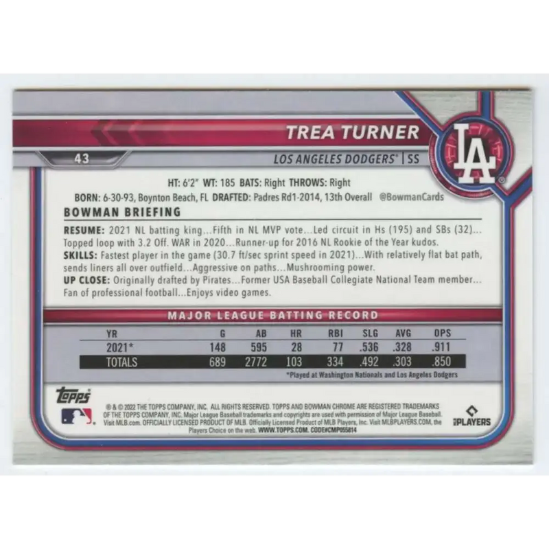 2022 Bowman Chrome #43 Trea Turner NM-MT Los Angeles Dodgers Baseball Card - Baseball Card Single
