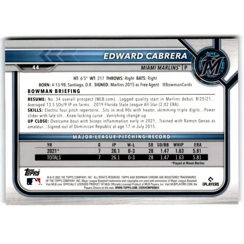 2022 Bowman Chrome #44 Edward Cabrera NM-MT RC Rookie Miami Marlins Baseball Card - Baseball Card Single