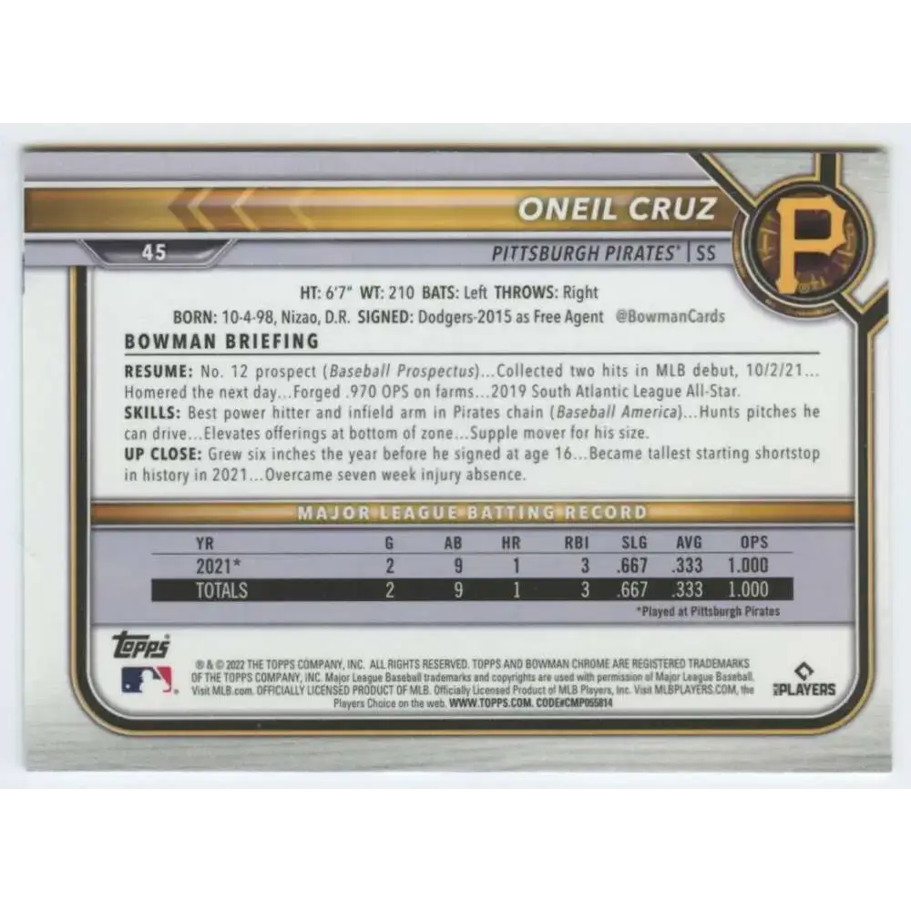 2022 Bowman Chrome #45 Oneil Cruz NM-MT RC Rookie Pittsburgh Pirates Baseball Card - Baseball Card Single