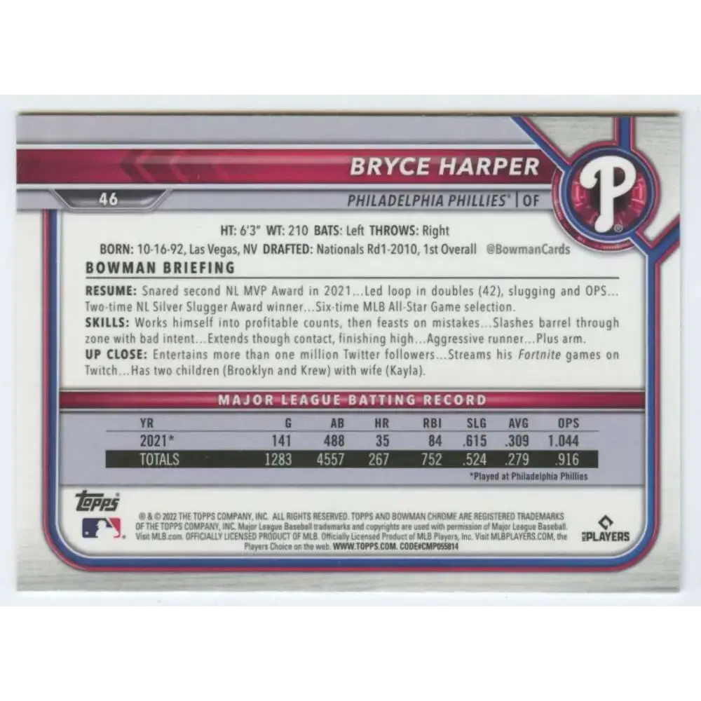2022 Bowman Chrome #46 Bryce Harper NM-MT Philadelphia Phillies Baseball Card - Baseball Card Single