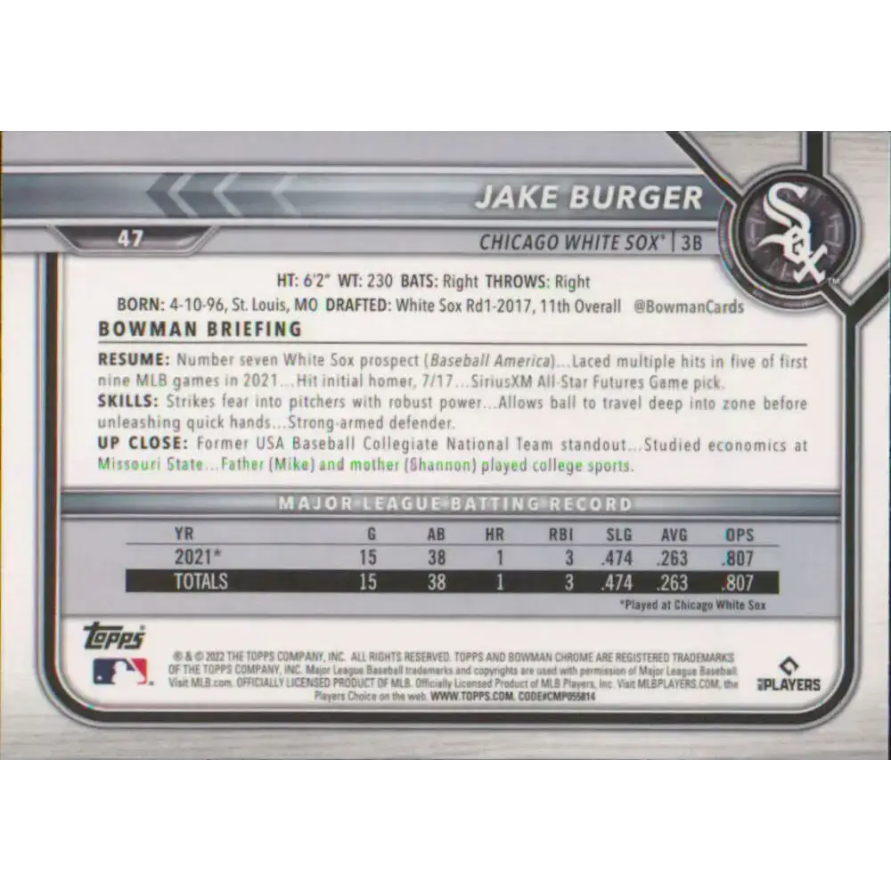 2022 Bowman Chrome #47 Jake Burger NM-MT RC Rookie Chicago White Sox Baseball Card - Baseball Card Single