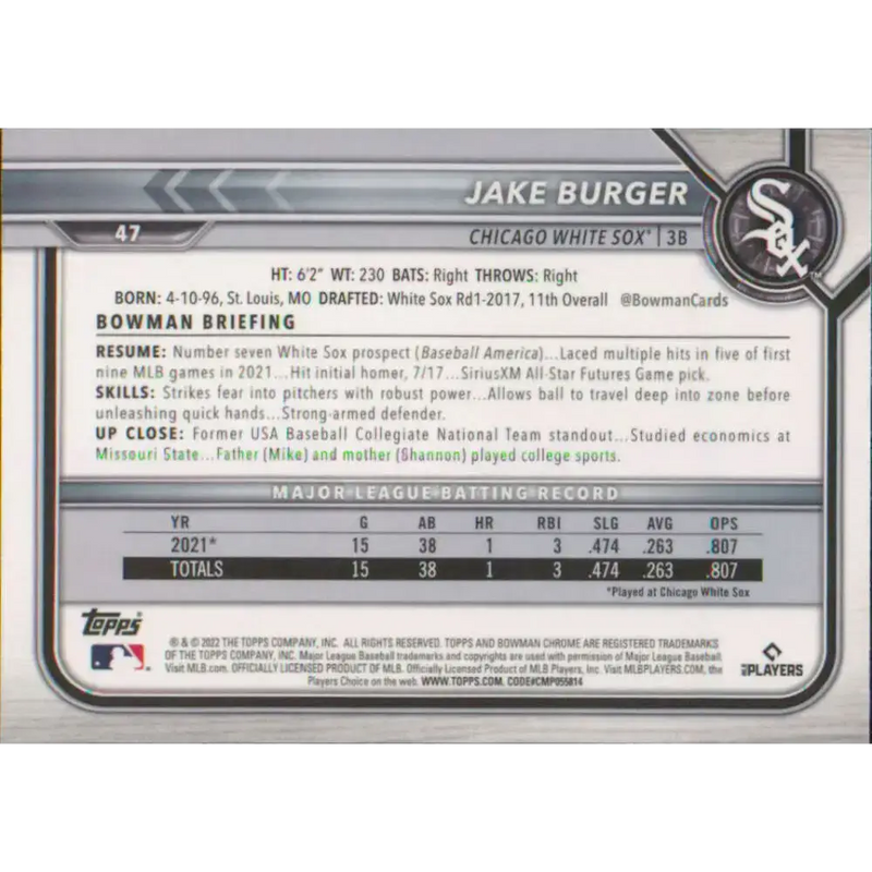 2022 Bowman Chrome #47 Jake Burger NM-MT RC Rookie Chicago White Sox Baseball Card - Baseball Card Single
