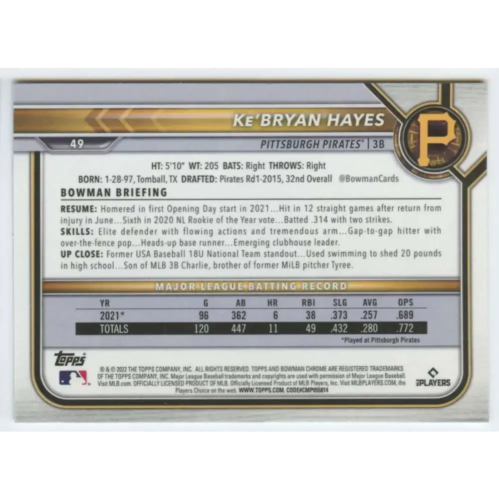 2022 Bowman Chrome #49 Ke’Bryan Hayes NM-MT Pittsburgh Pirates Baseball Card - Baseball Card Single